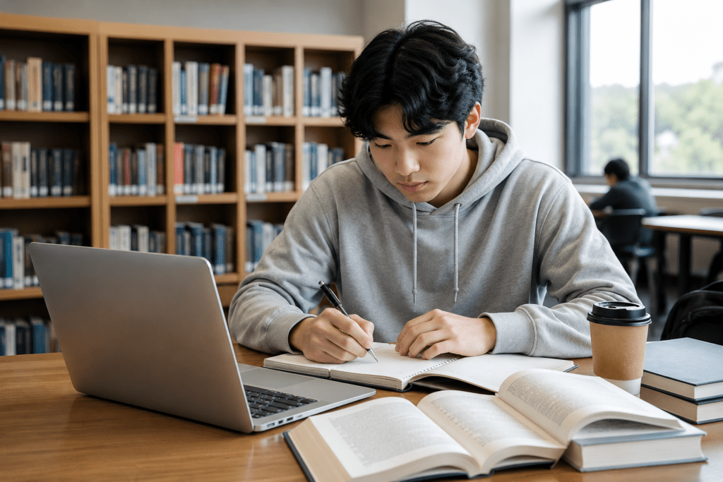 Student studying with laptop and books in a library