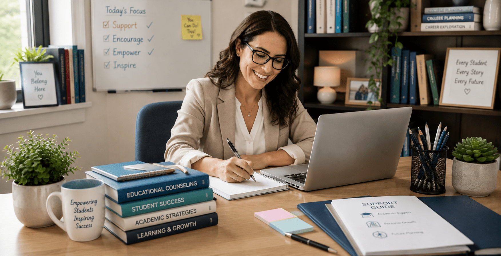 Female educator working at a desk with a laptop