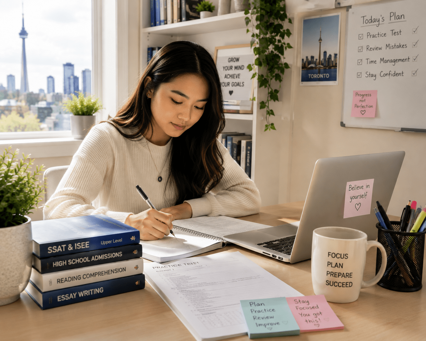 Student studying at a desk with a laptop