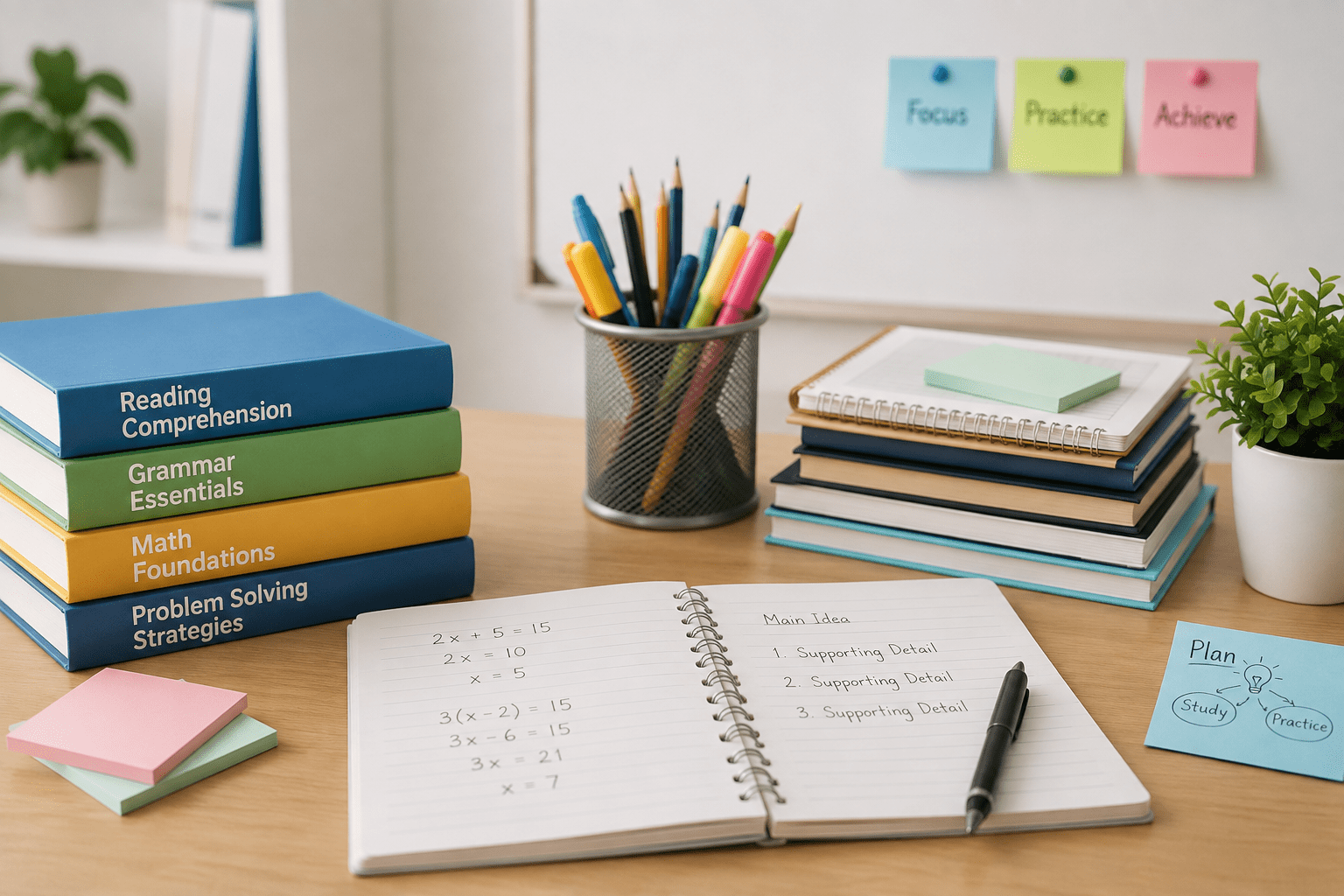 Books and colorful stationery on a study desk