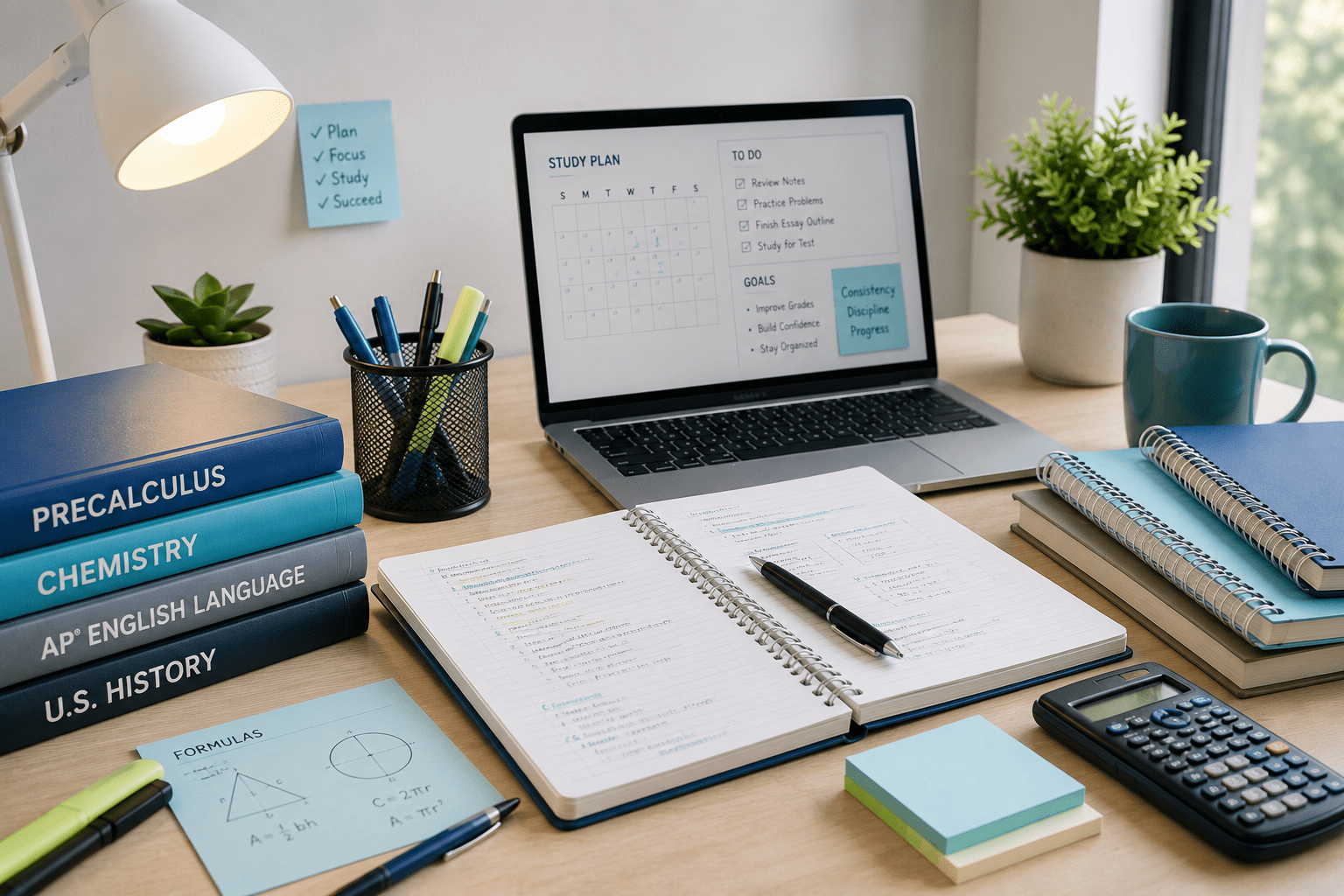 Laptop and study materials on an educational workspace